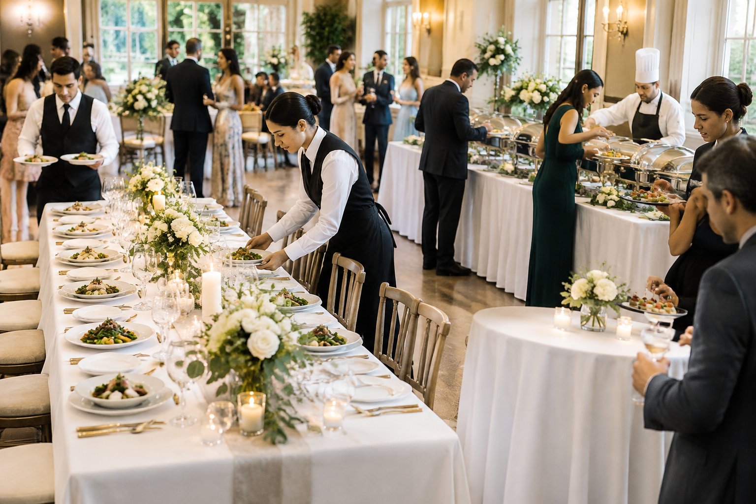Catering staff serve plated meals and arrange a buffet at an elegant wedding reception.