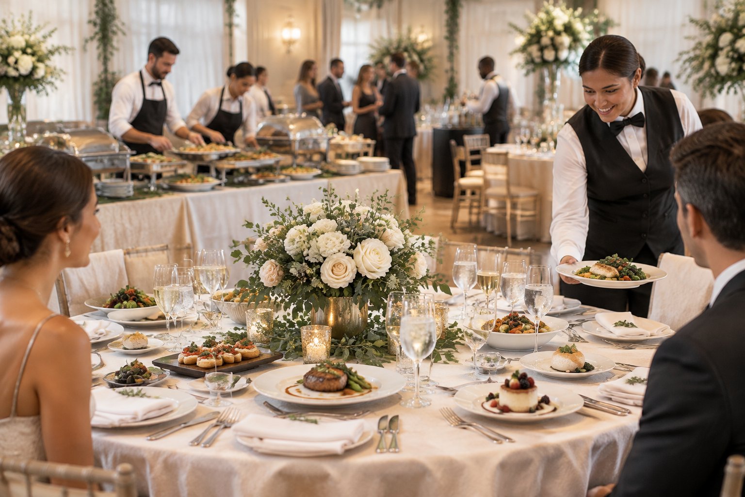 Catered wedding reception with plated food, table settings, floral centerpieces, and staff serving guests.