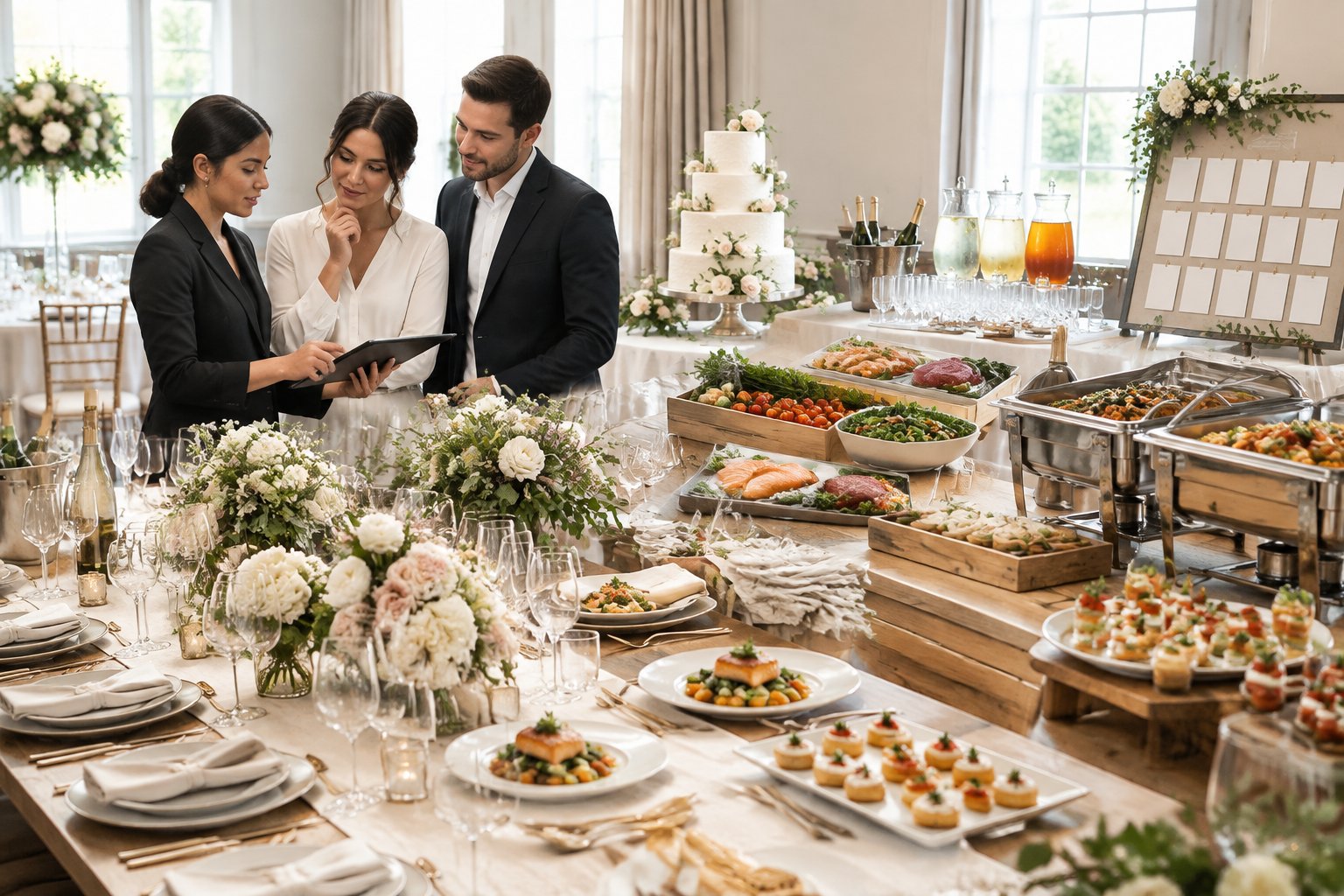 Wedding catering options and table settings arranged for a reception planning consultation.