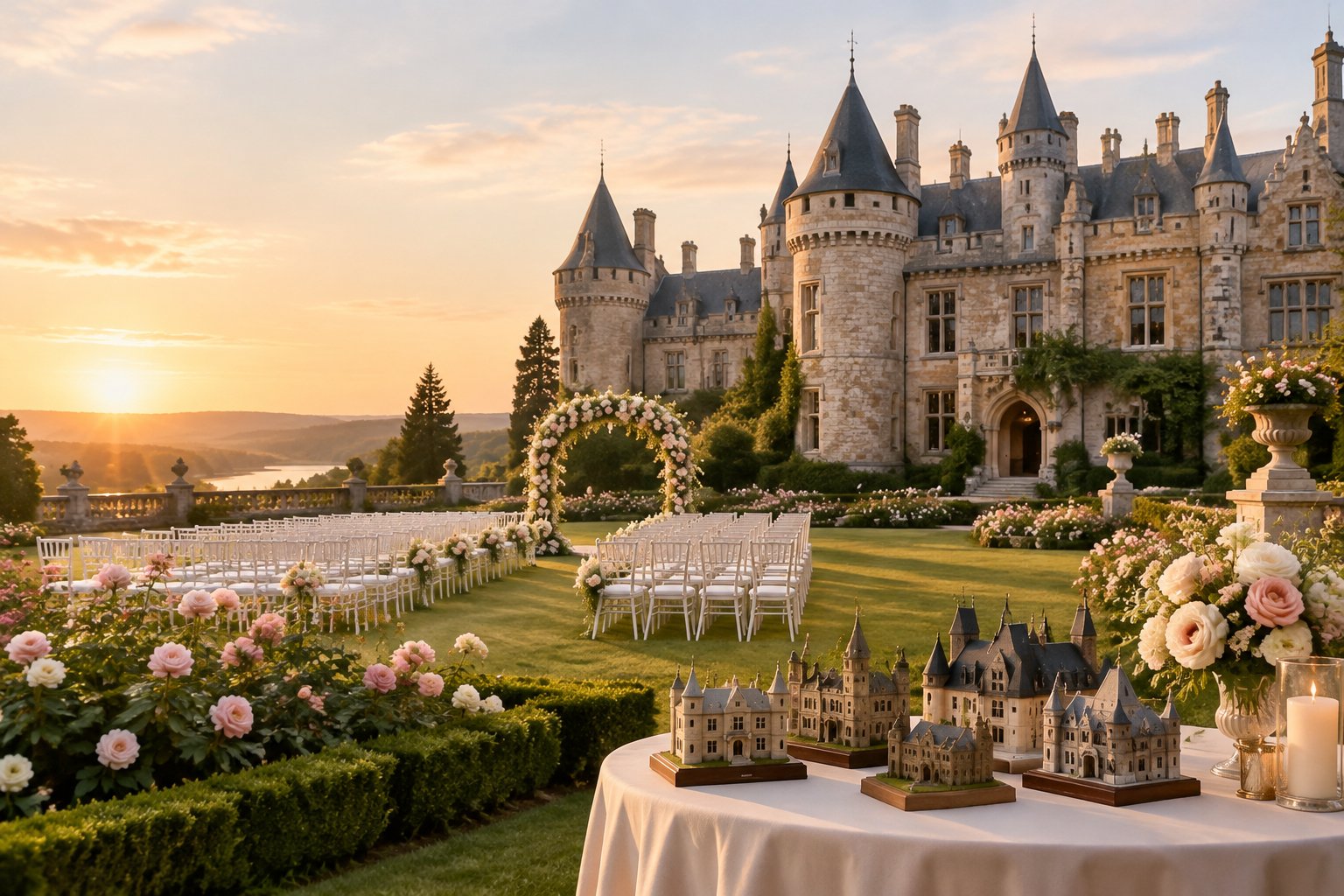 A historic castle wedding venue with manicured gardens and an outdoor ceremony setup.