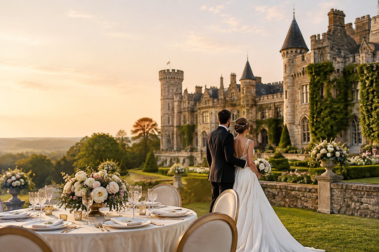 A couple stands beside an elegant outdoor wedding reception overlooking a historic castle and landscaped gardens.