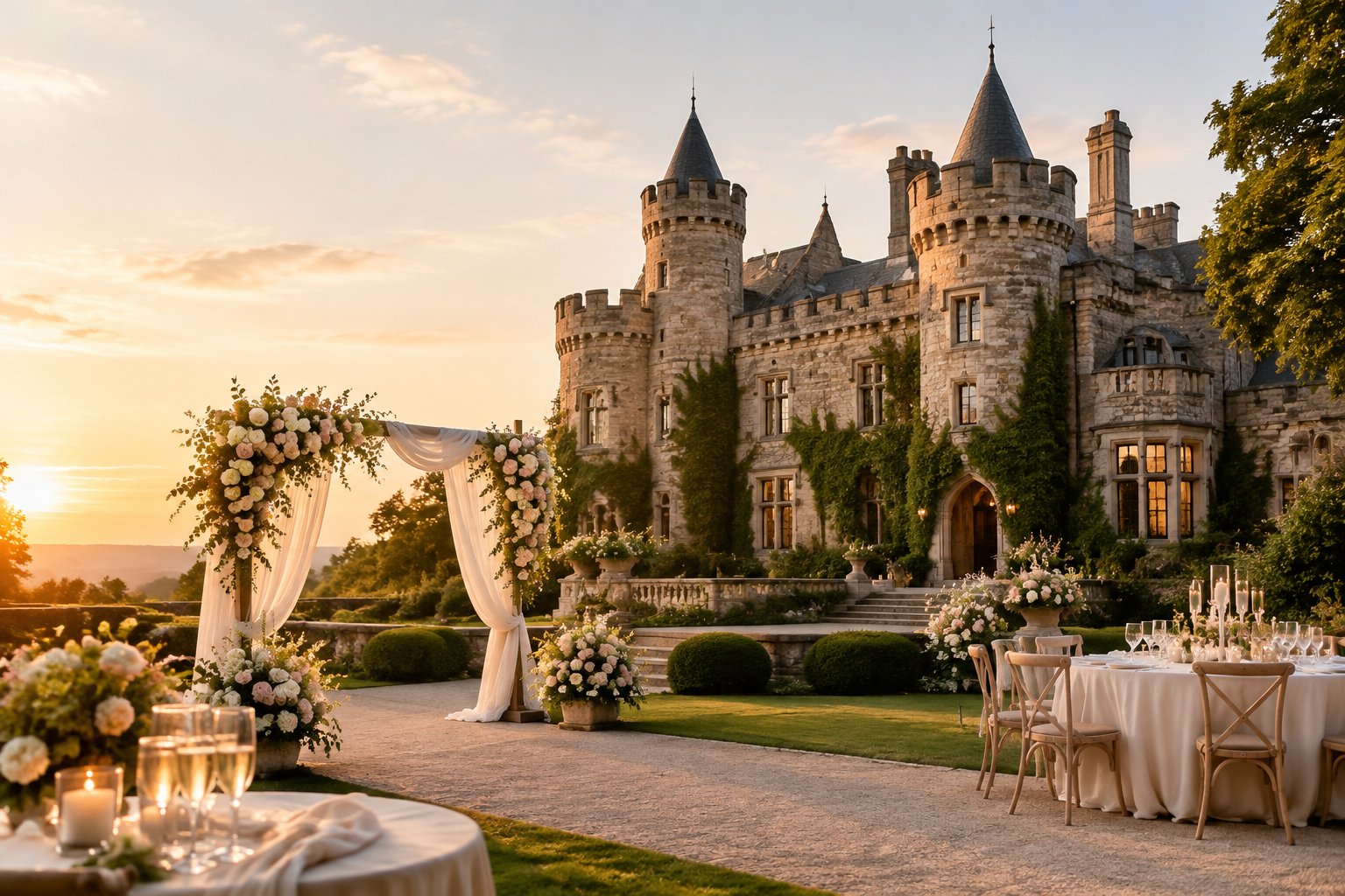 A grand stone castle surrounded by gardens and elegant wedding decorations at sunset.
