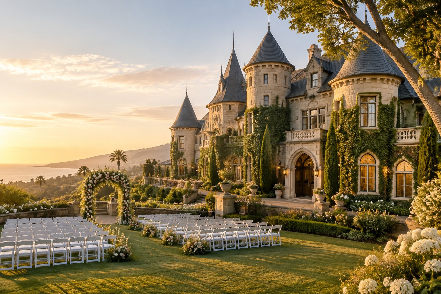 A castle-style wedding venue with turrets, gardens, and an outdoor ceremony area.