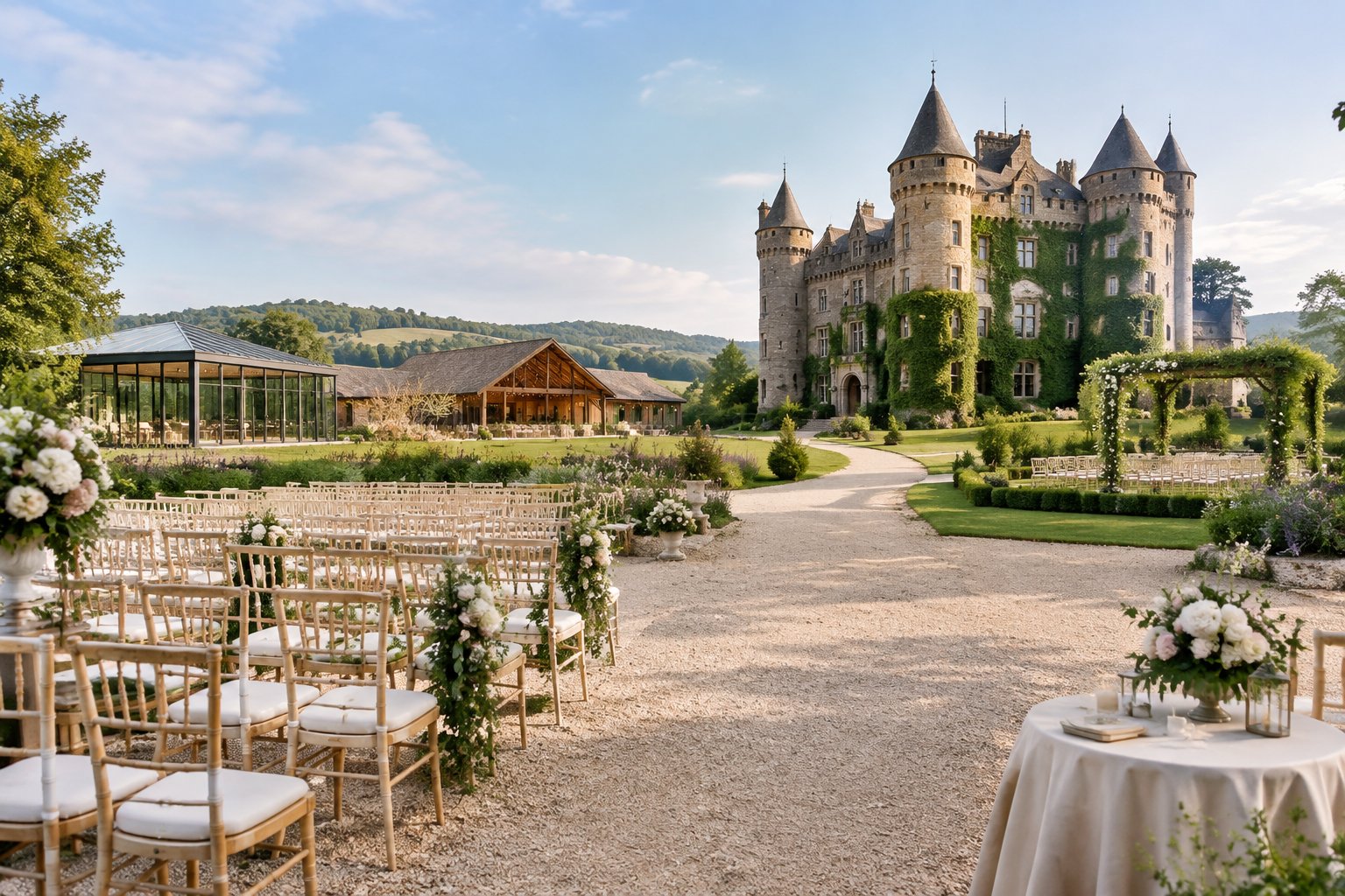 A castle wedding venue beside a modern pavilion, rustic barn, and garden ceremony area.