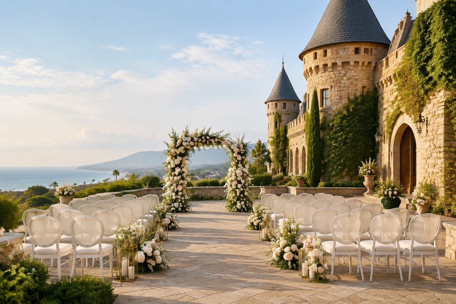 A castle-inspired outdoor wedding ceremony setup in a landscaped Ventura courtyard.