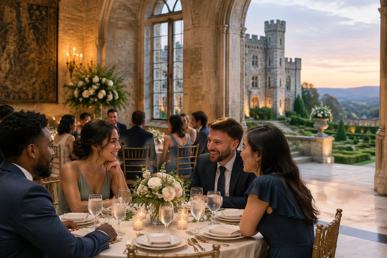 Guests enjoy a warmly lit wedding reception inside a historic castle with an elegant banquet table.