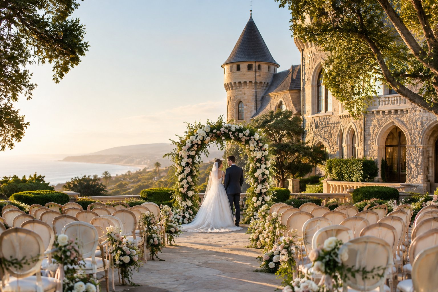A bride and groom stand beneath a floral arch outside a castle-style wedding venue surrounded by gardens.