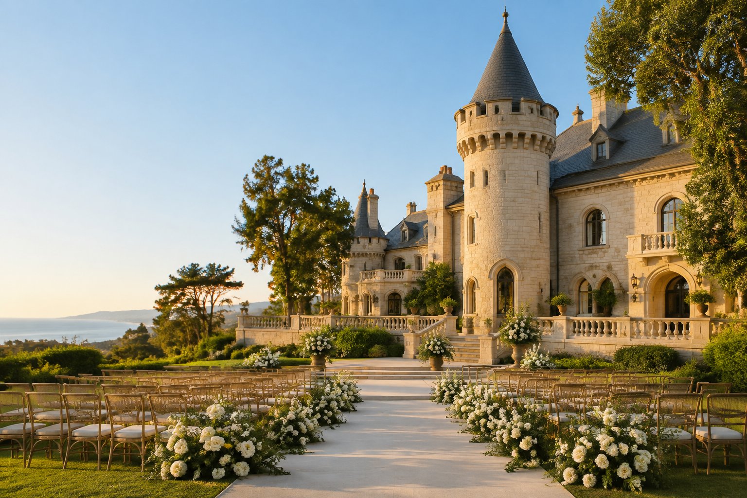 A castle-style wedding venue with an elegant outdoor ceremony setup in landscaped grounds.
