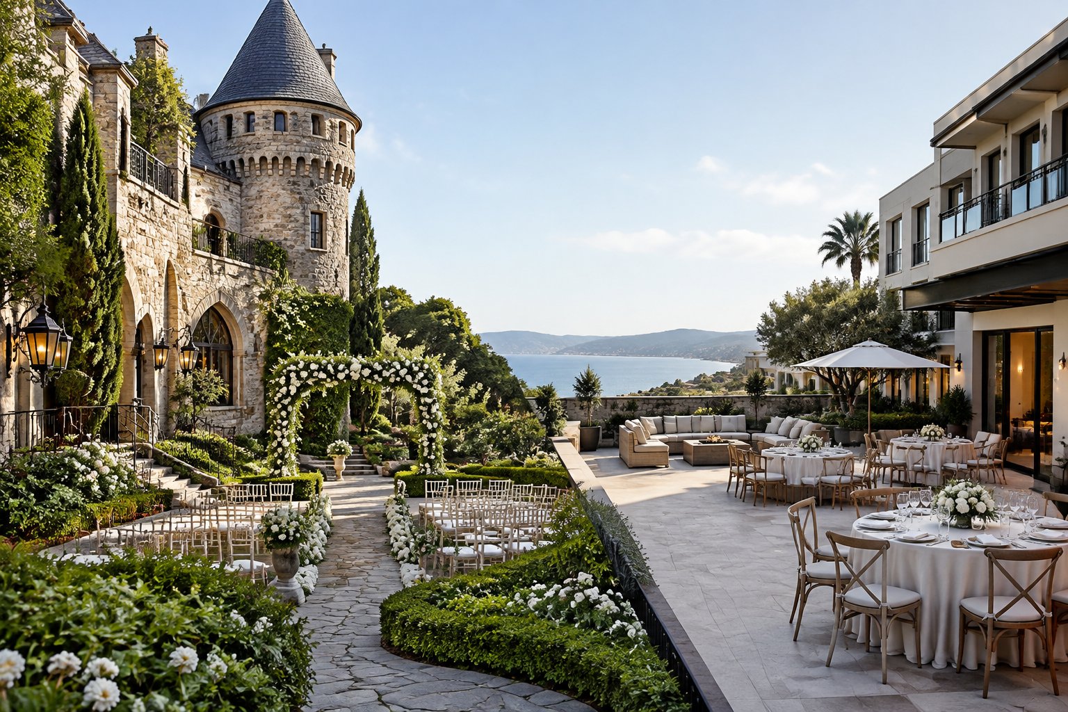 An elegant wedding setup in the gardens of a historic castle venue with modern event furnishings.