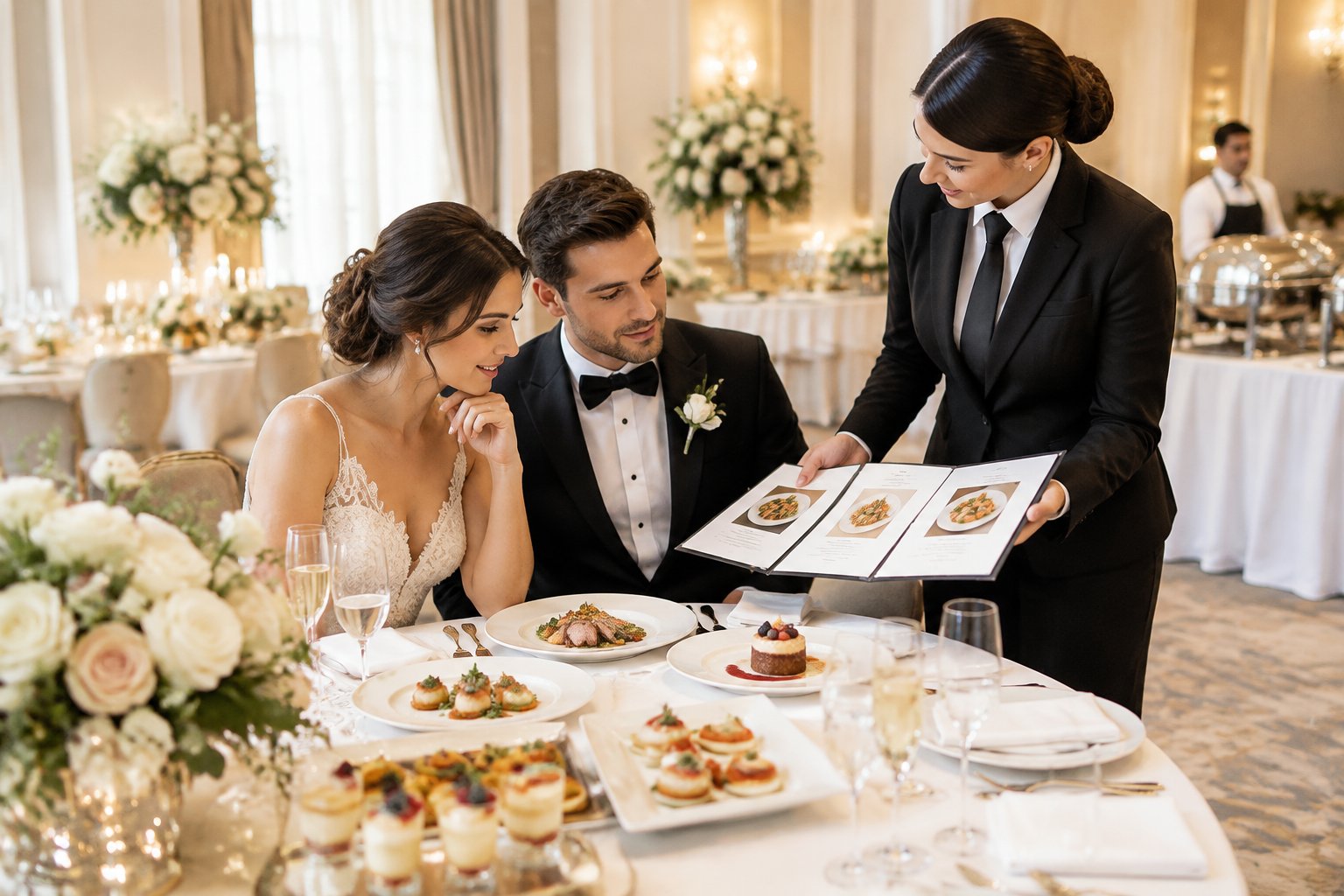 A couple reviews wedding catering options with a professional beside an elegantly arranged reception table.