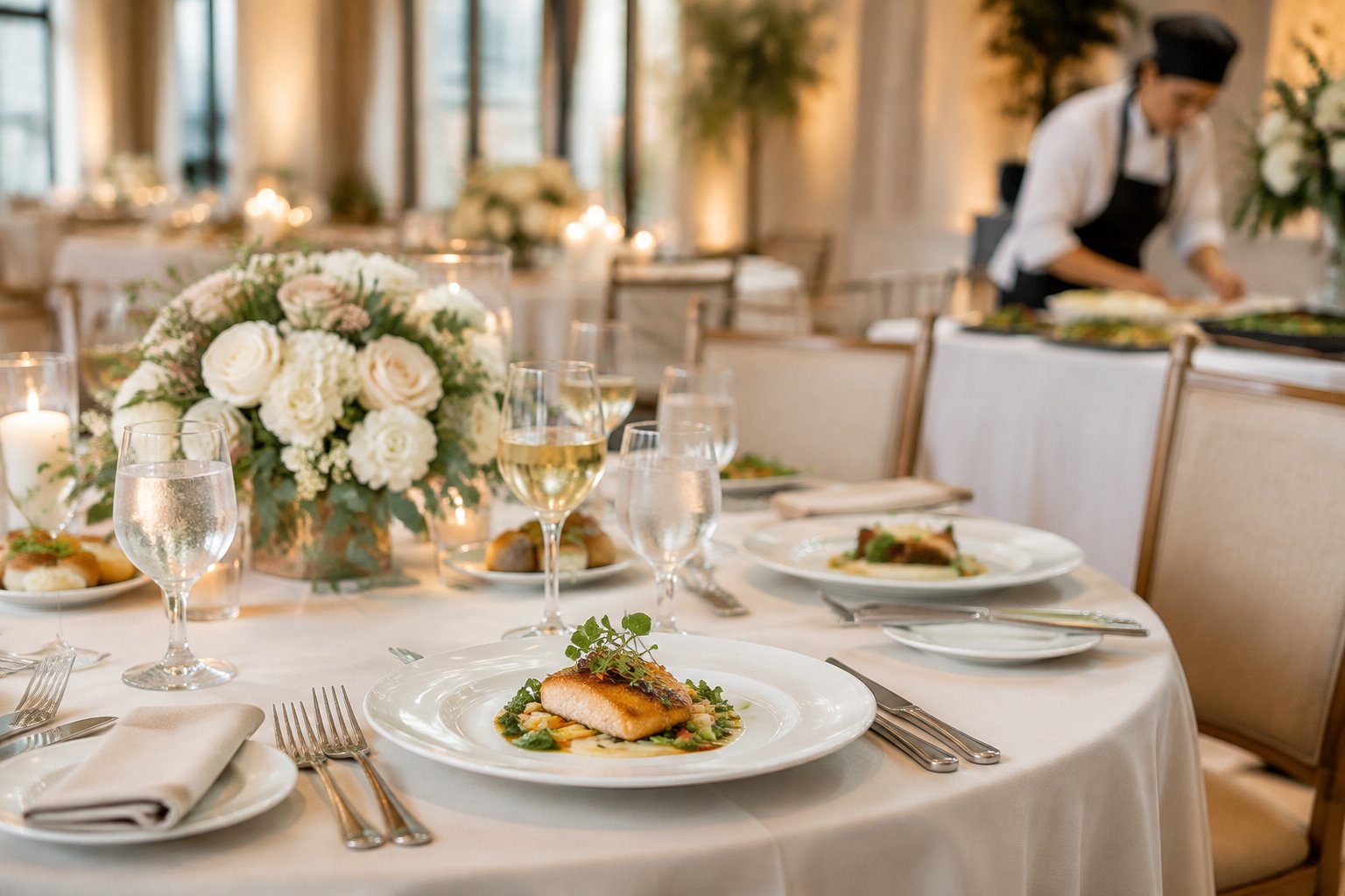 A wedding reception table set with plated food, glasses, and silverware while a caterer arranges dishes in the background.