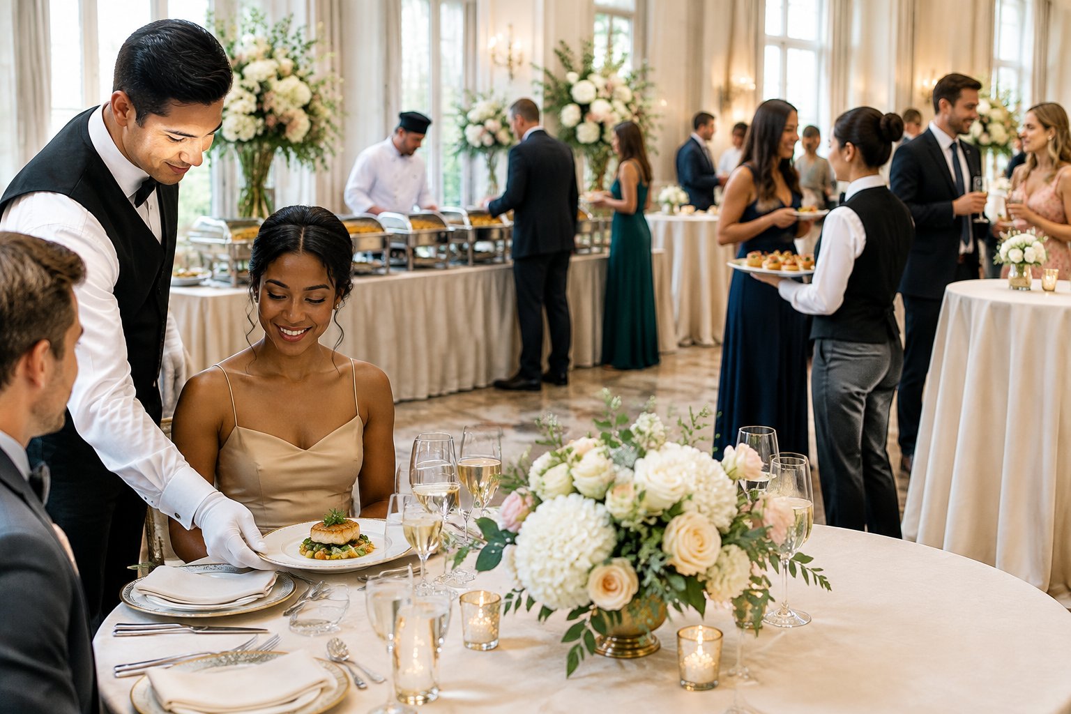 Wedding reception showing plated dinner service, a buffet station, and passed appetizers.