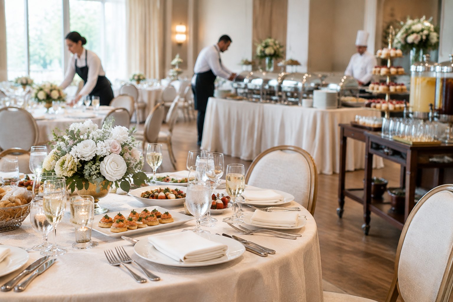 A wedding reception table with plated food, place settings, floral decor, and catering staff preparing the venue.