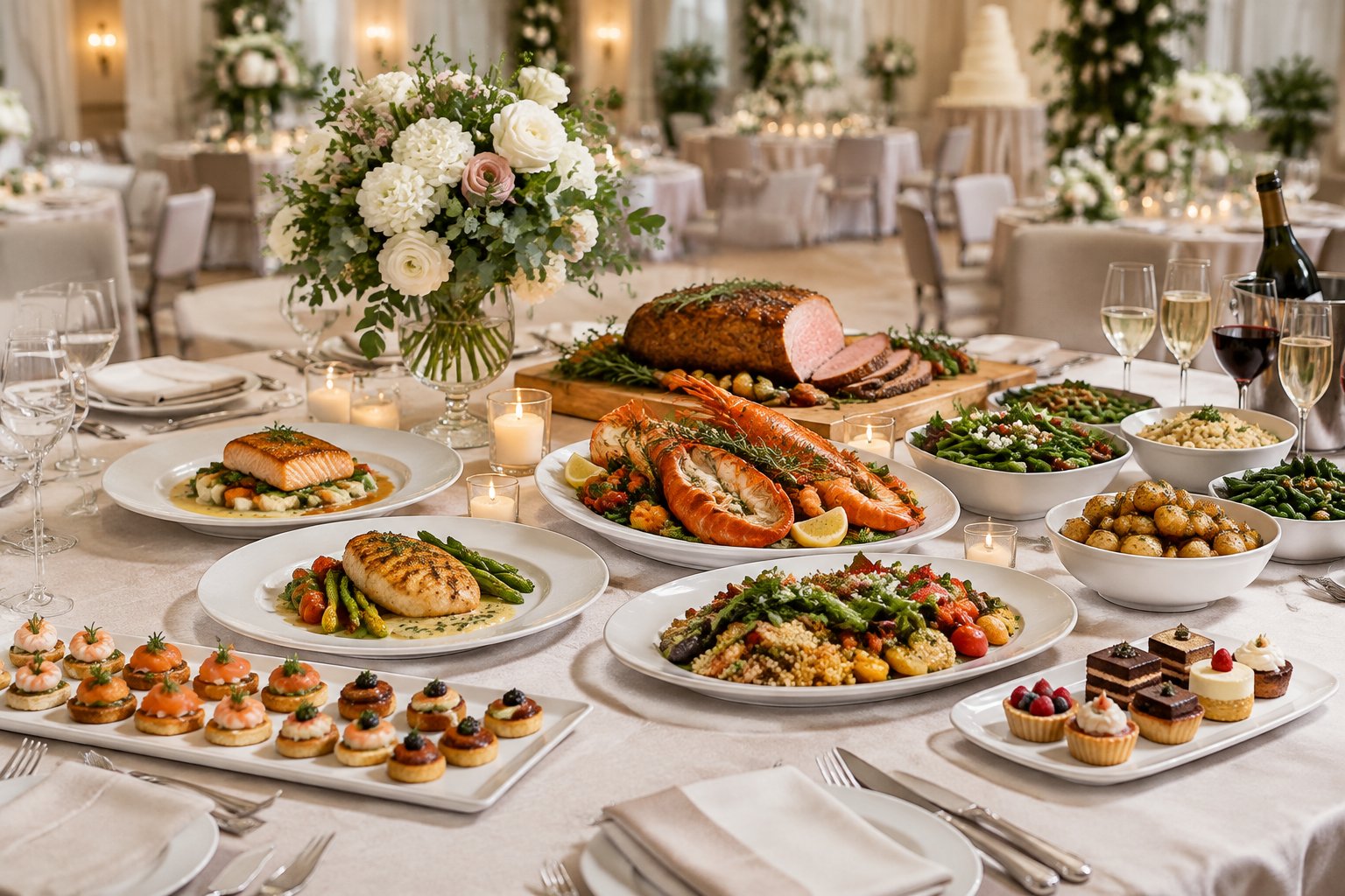 An elegant wedding reception table displaying a variety of catered dishes, desserts, and beverages.
