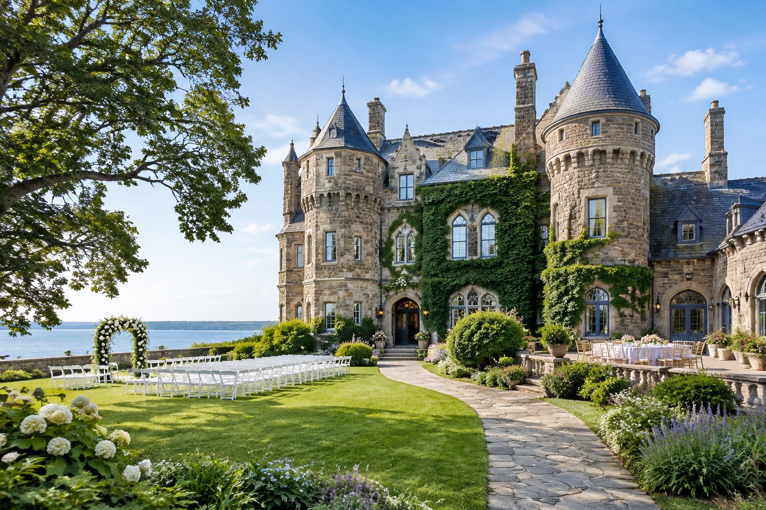 A historic stone castle wedding venue surrounded by gardens and manicured lawns.