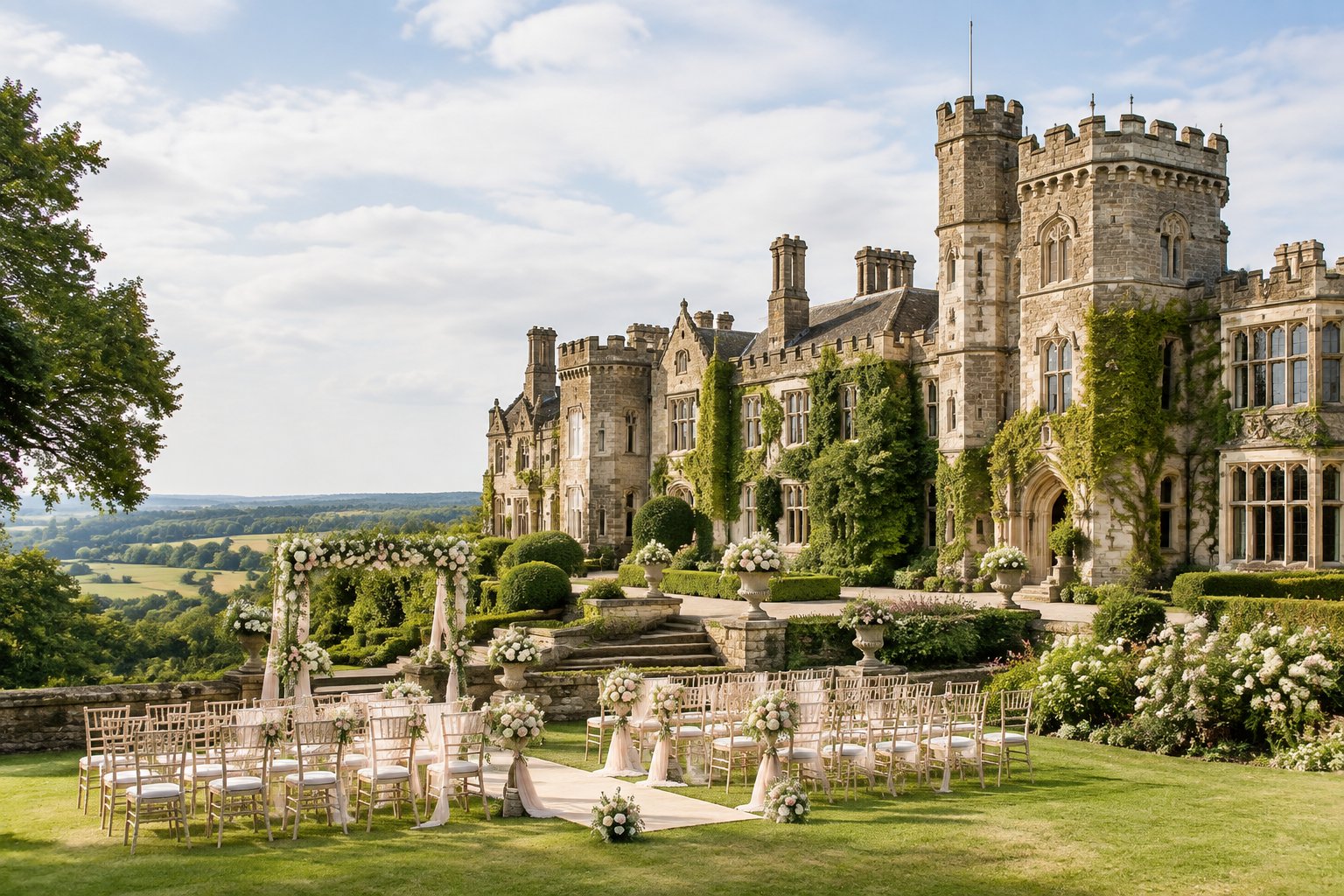 A grand stone castle wedding venue surrounded by formal gardens and a countryside landscape, with elegant outdoor ceremony decorations.