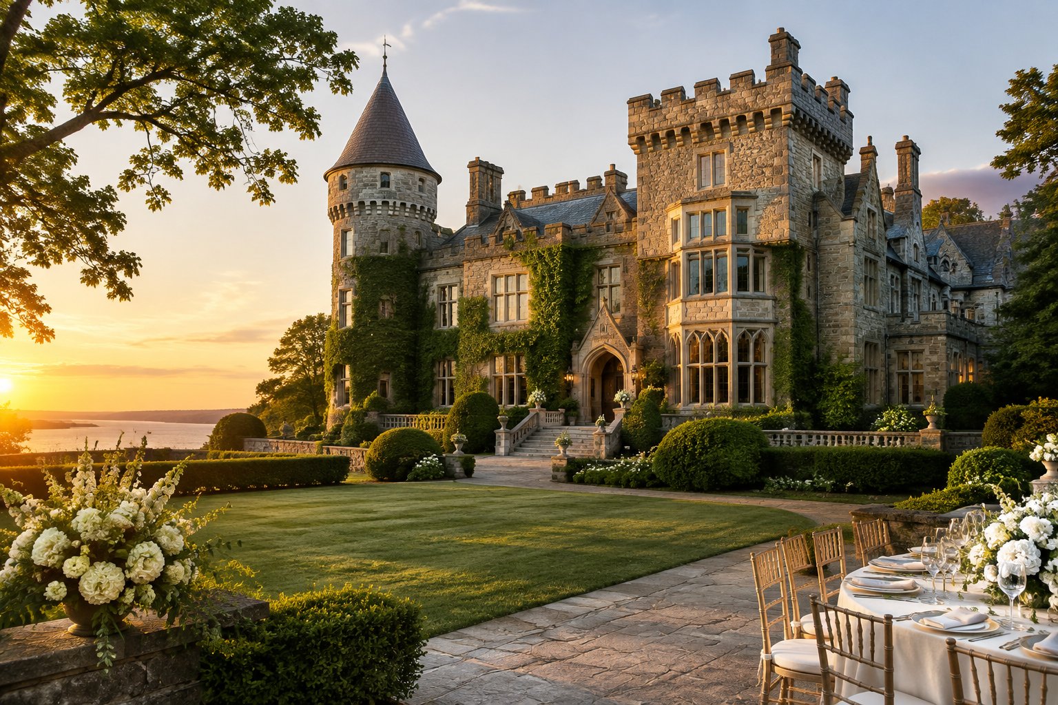 A grand stone castle estate with turrets, manicured grounds, and elegant wedding decorations.