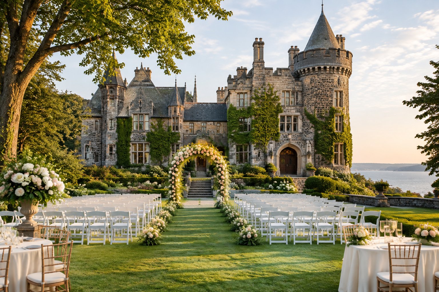 A historic stone castle estate surrounded by landscaped grounds and a beautifully arranged outdoor wedding ceremony.
