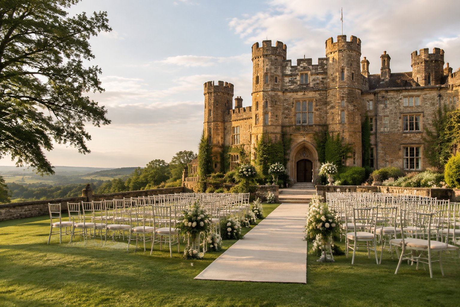 A historic stone castle wedding venue surrounded by lawns and countryside, with a decorated outdoor ceremony area in front.