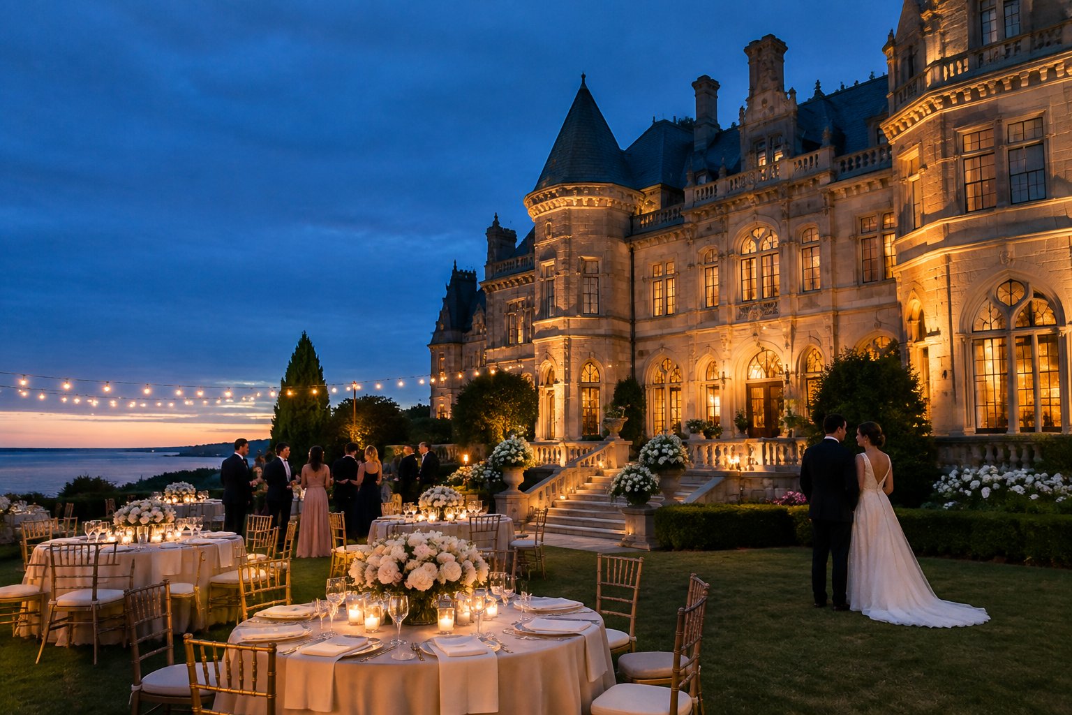 An elegant evening wedding reception outside a grand historic mansion in Newport, Rhode Island.