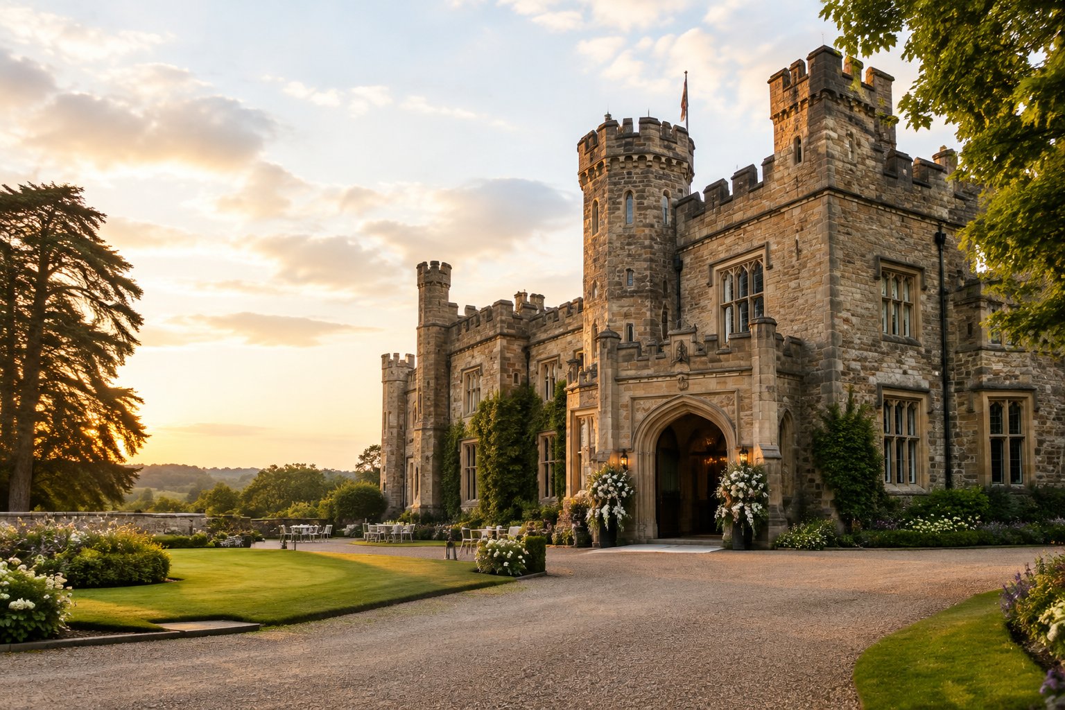 A historic stone castle wedding venue surrounded by landscaped gardens and mature trees.