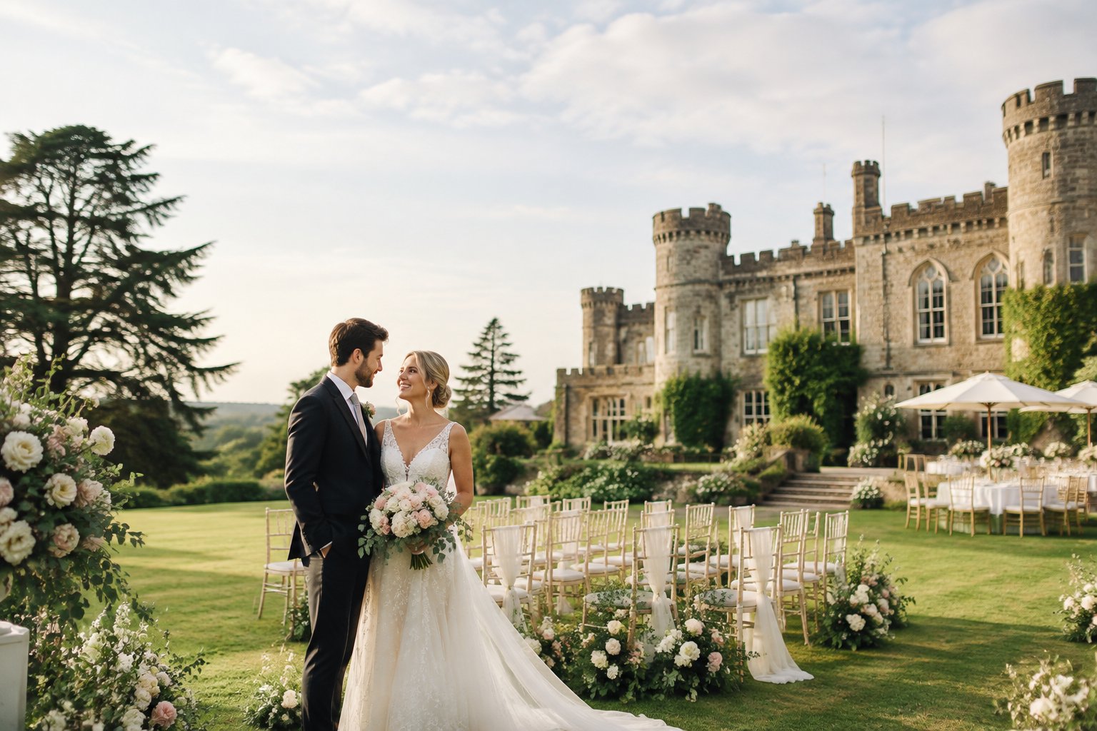 A bride and groom stand beside a flower-lined ceremony aisle in the gardens of a historic stone castle.