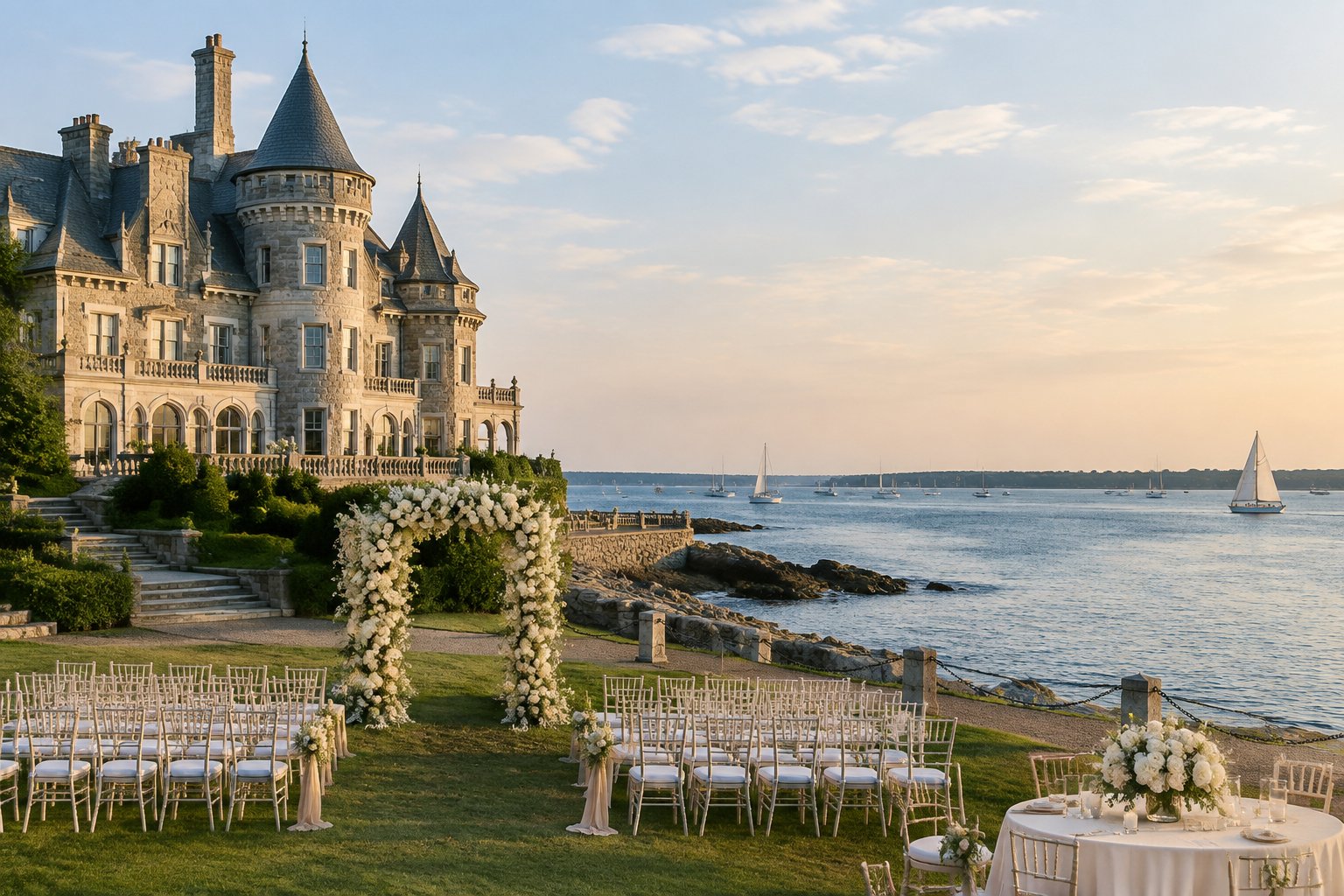 A grand seaside castle-inspired wedding venue beside Newport Harbor with white ceremony chairs, flowers, sailboats, and rocky shoreline.