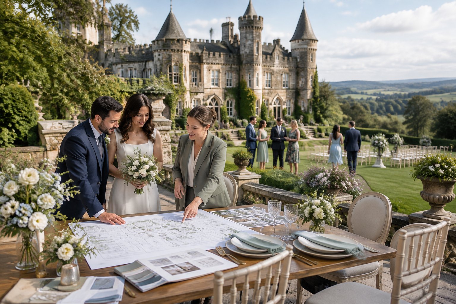 A couple and venue coordinator review wedding arrangements outside an elegant English castle while guests gather nearby.