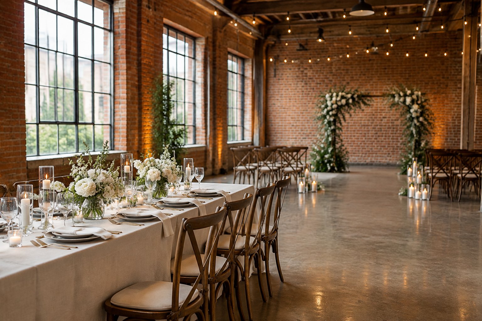 An elegant wedding reception set inside a charming brick industrial loft with floral centerpieces, candles, and warm lighting.