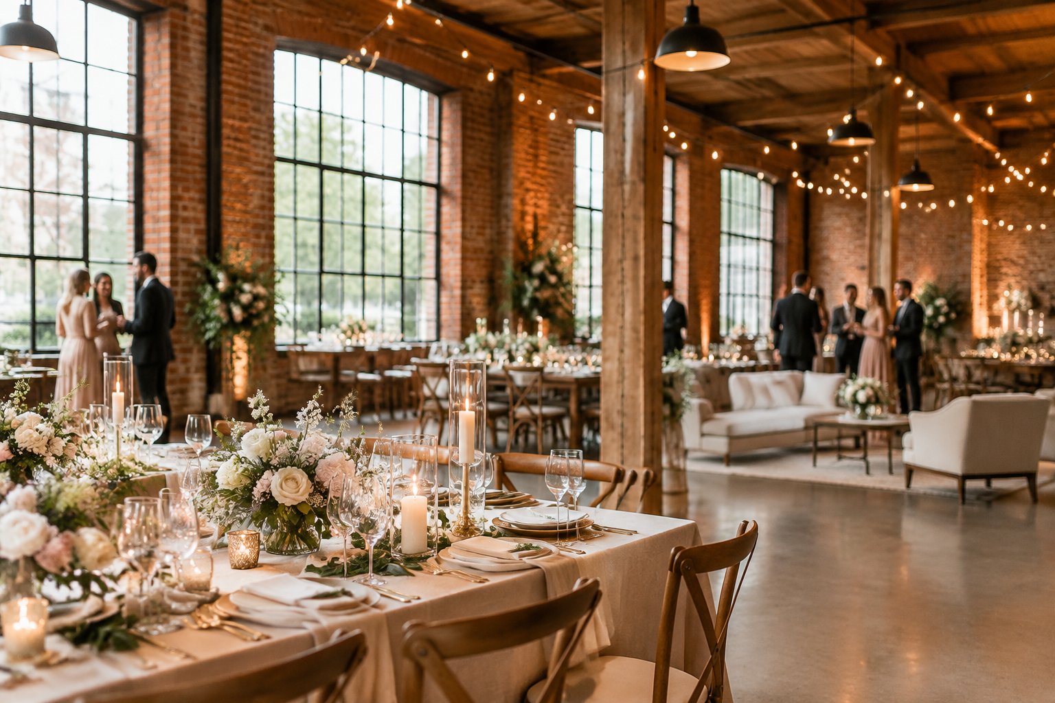 An elegant wedding reception in a charming converted industrial warehouse with brick walls, large windows, warm lights, flowers, and a decorated table.