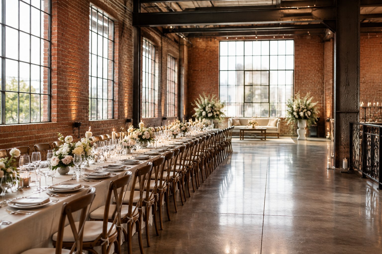 Elegant wedding reception tables arranged inside a converted industrial loft with exposed brick walls and tall windows.