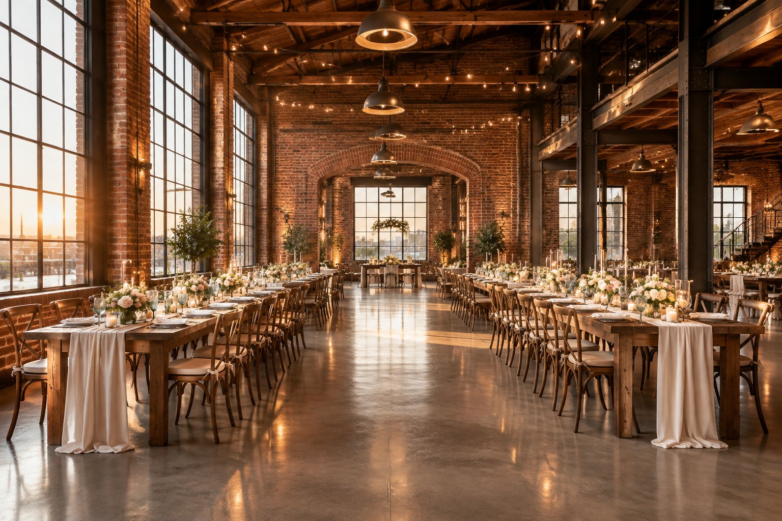Elegant wedding reception tables arranged inside a charming industrial venue with brick walls, tall windows, and warm lighting.