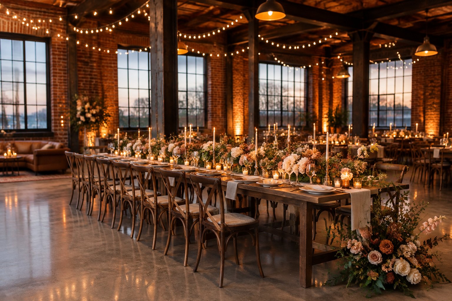 Warmly decorated wedding reception in a charming industrial venue with brick walls, candles, flowers, and string lights.