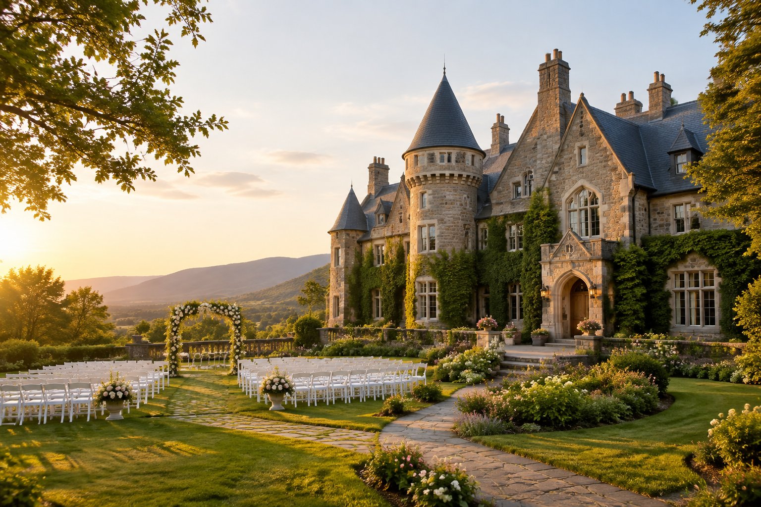 A grand stone castle-style wedding venue surrounded by landscaped gardens and an outdoor ceremony setup.