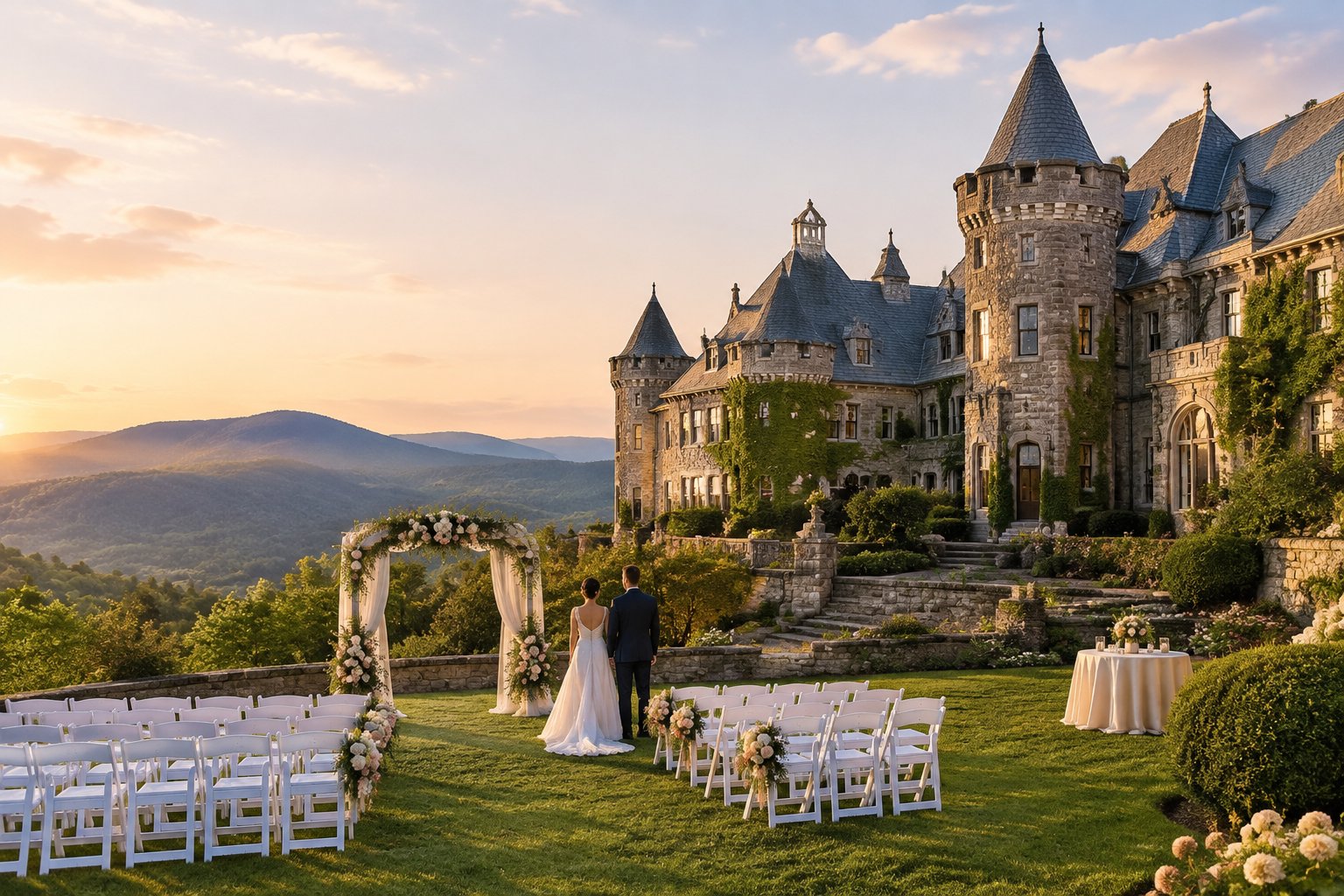 A stone castle wedding venue with turrets, landscaped grounds, white ceremony chairs, and a floral wedding arbor.