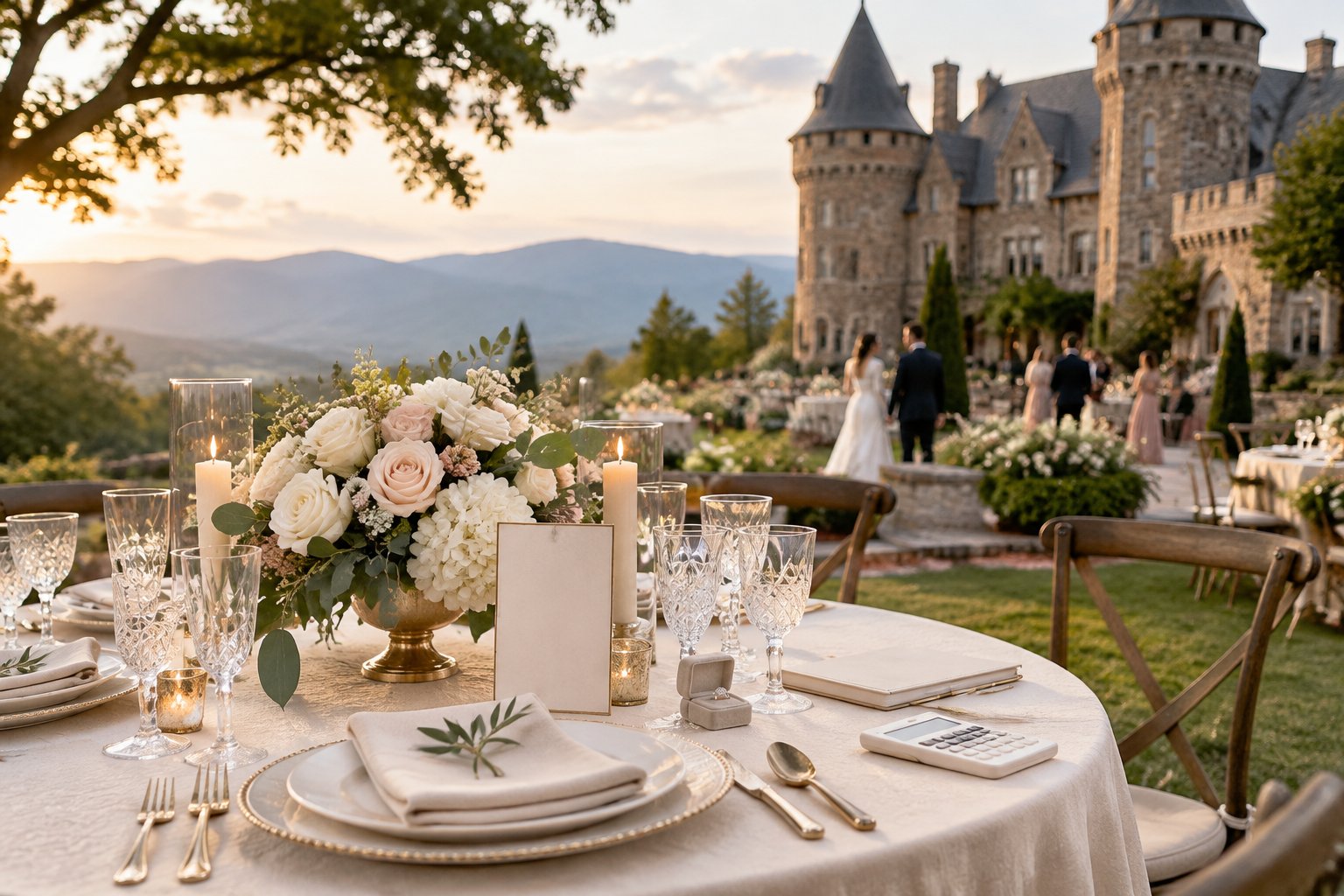 Elegant wedding reception table overlooking the grounds of a historic castle in the Blue Ridge Mountains.