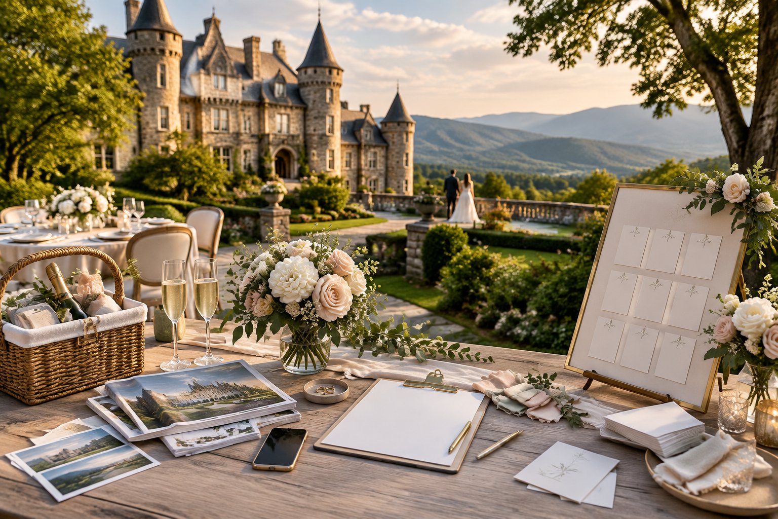 A grand castle wedding venue near Roanoke surrounded by gardens and mountains, with wedding planning items arranged on a table in the foreground.