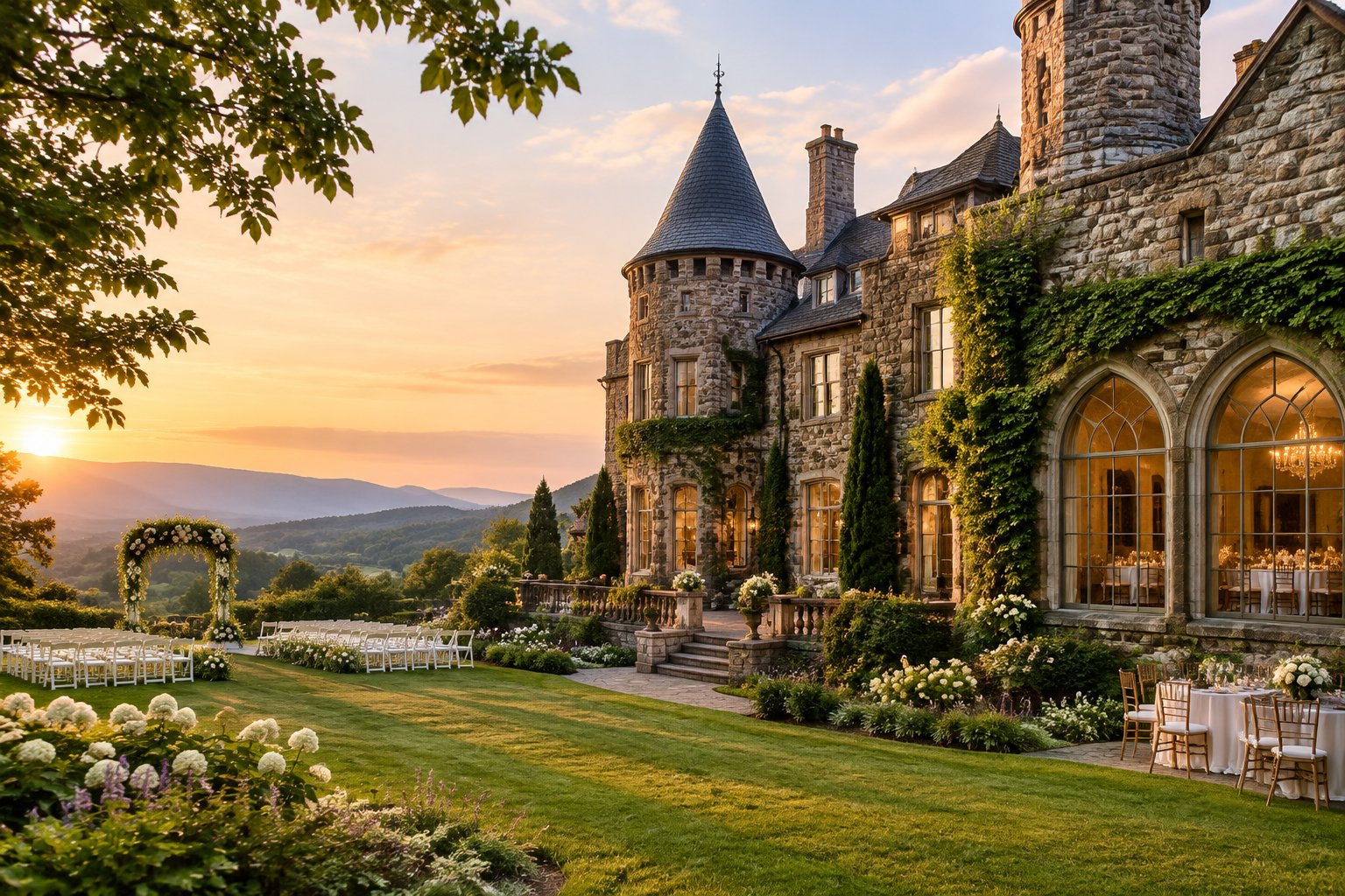 An elegant castle-style wedding venue surrounded by gardens and trees.