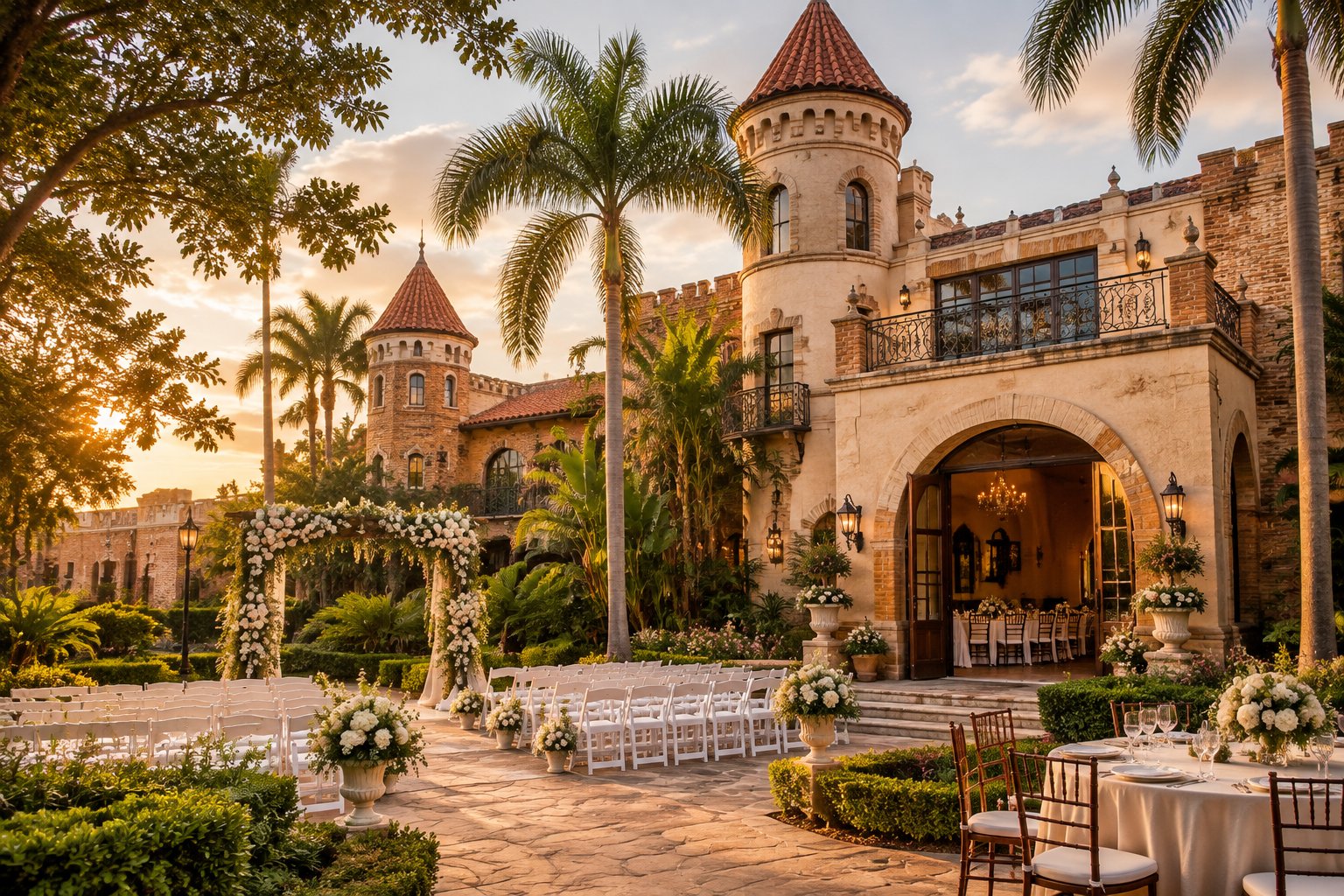An elegant castle-inspired wedding venue with a landscaped courtyard, floral ceremony arch, and neatly arranged white chairs.