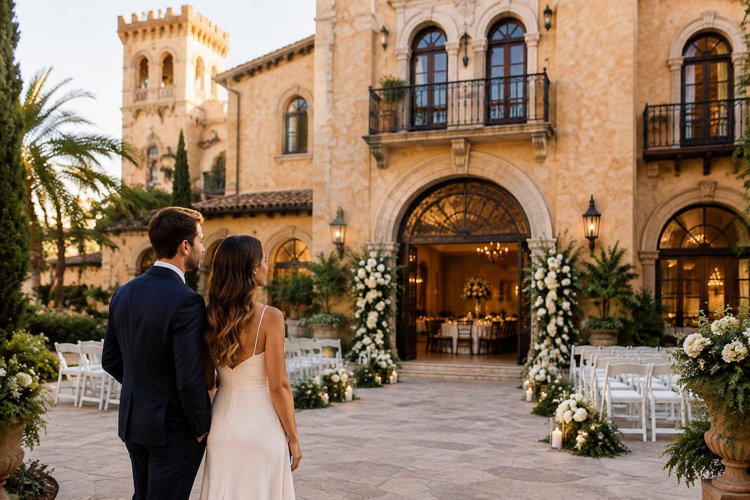 A couple admires an elegant castle-inspired wedding venue decorated with flowers and a ceremony setup.