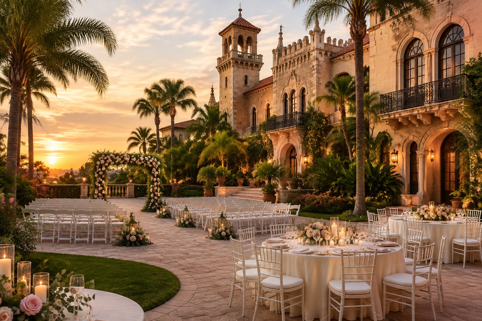 An elegant castle-style wedding venue in a landscaped Ybor City courtyard with a floral ceremony arch, white chairs, and decorated reception tables.