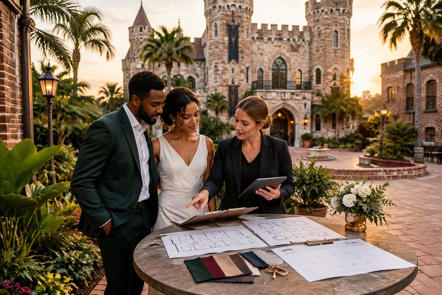 A couple reviews wedding venue plans with a coordinator outside a castle-inspired venue.