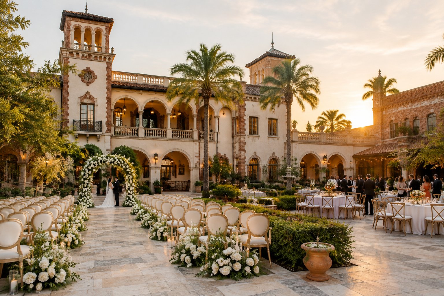 Wedding ceremony and reception arranged in the courtyard of a historic castle-inspired venue.