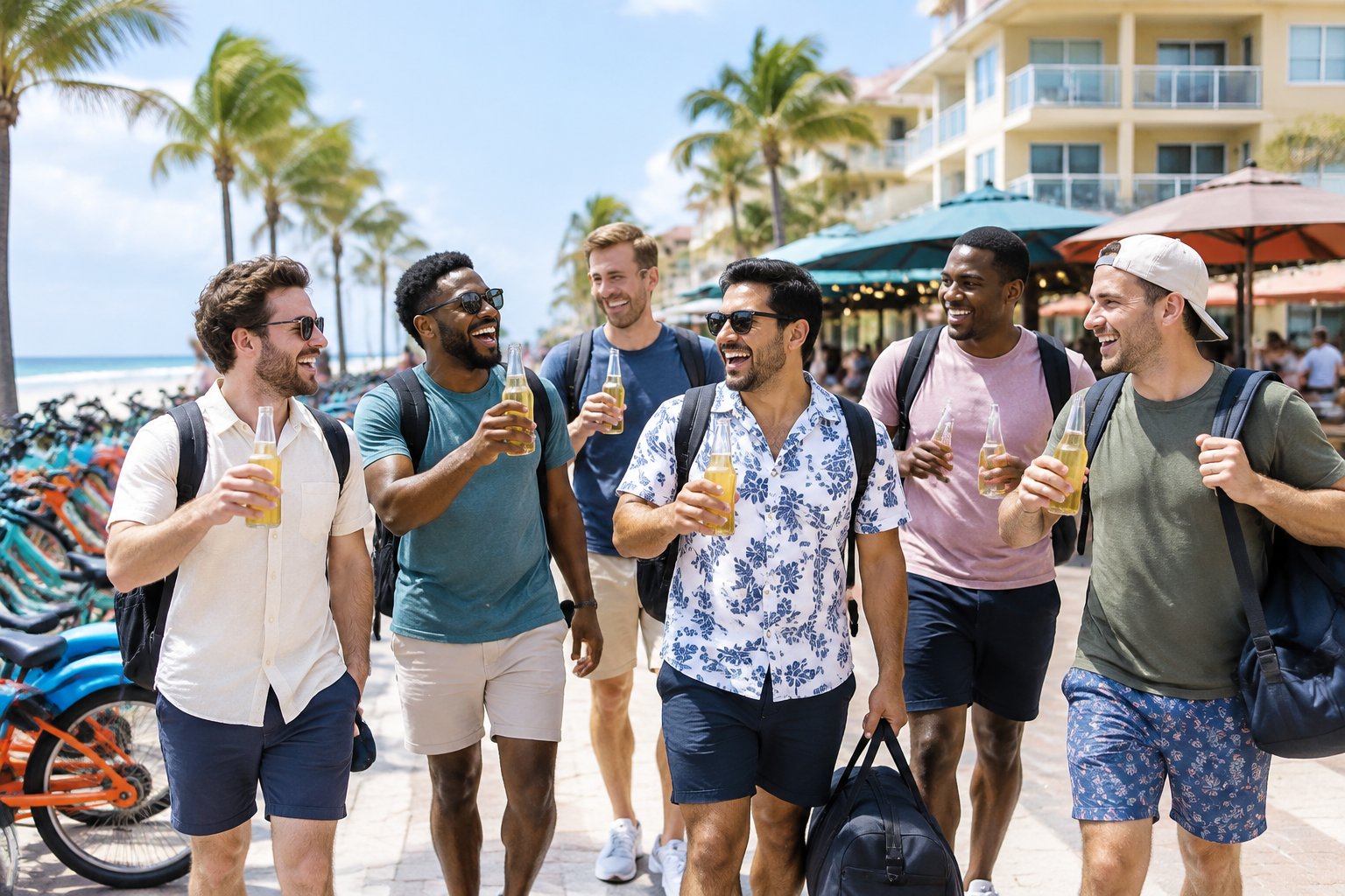 A group of friends celebrates together on a sunny coastal boardwalk during an affordable getaway.