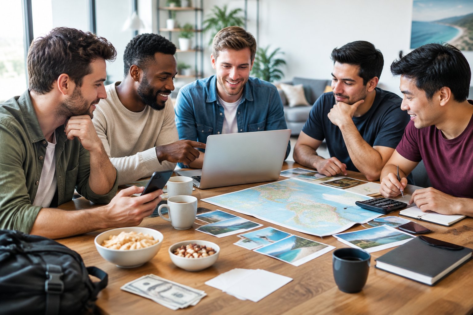 Friends compare travel options and plan an affordable bachelor party around a table.