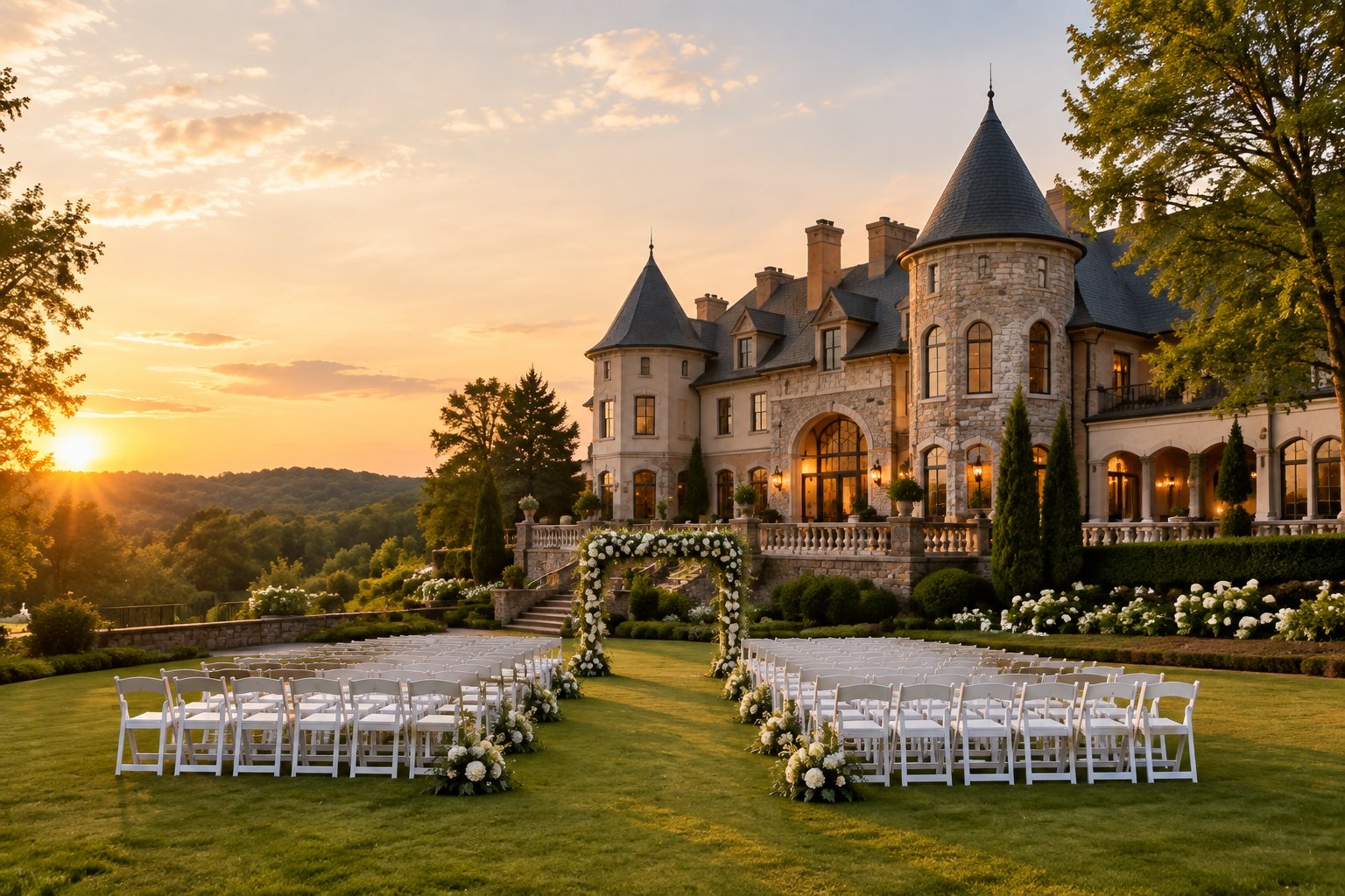 A grand castle-style wedding venue with landscaped grounds and an outdoor ceremony setup.