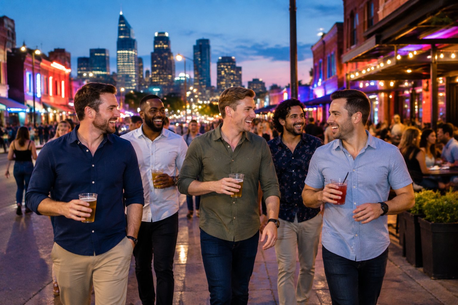 A group of friends enjoying an affordable night out in a lively city entertainment district.