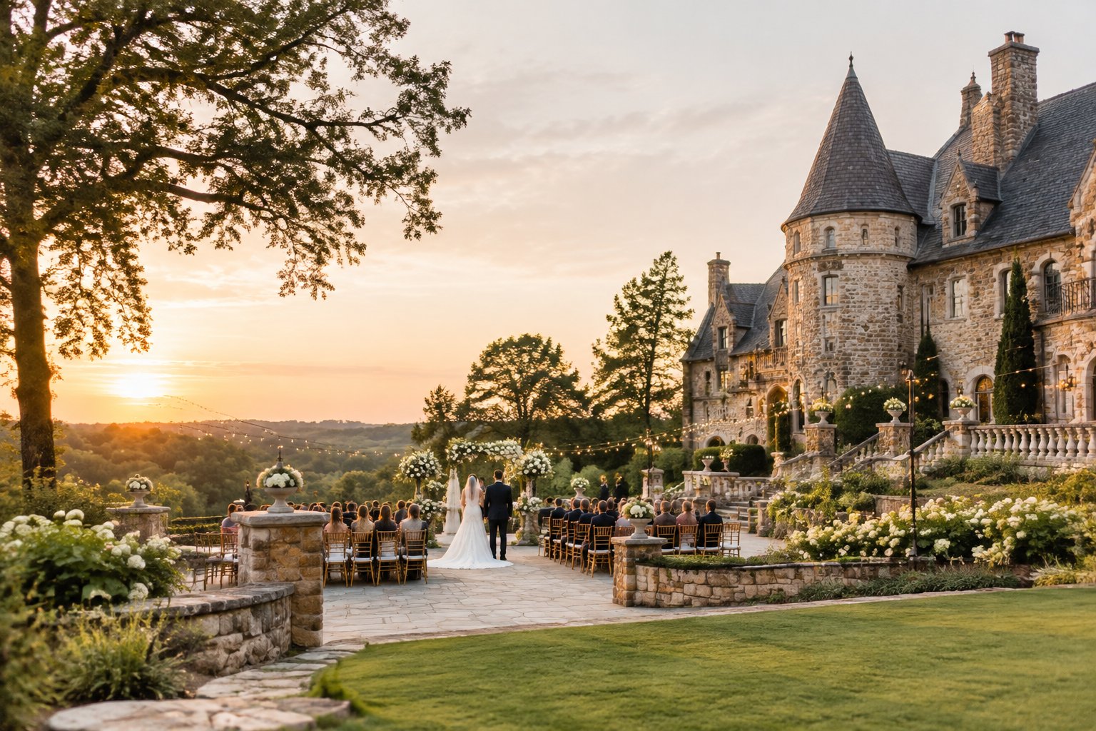 A wedding ceremony takes place beside a stone castle surrounded by gardens and trees.