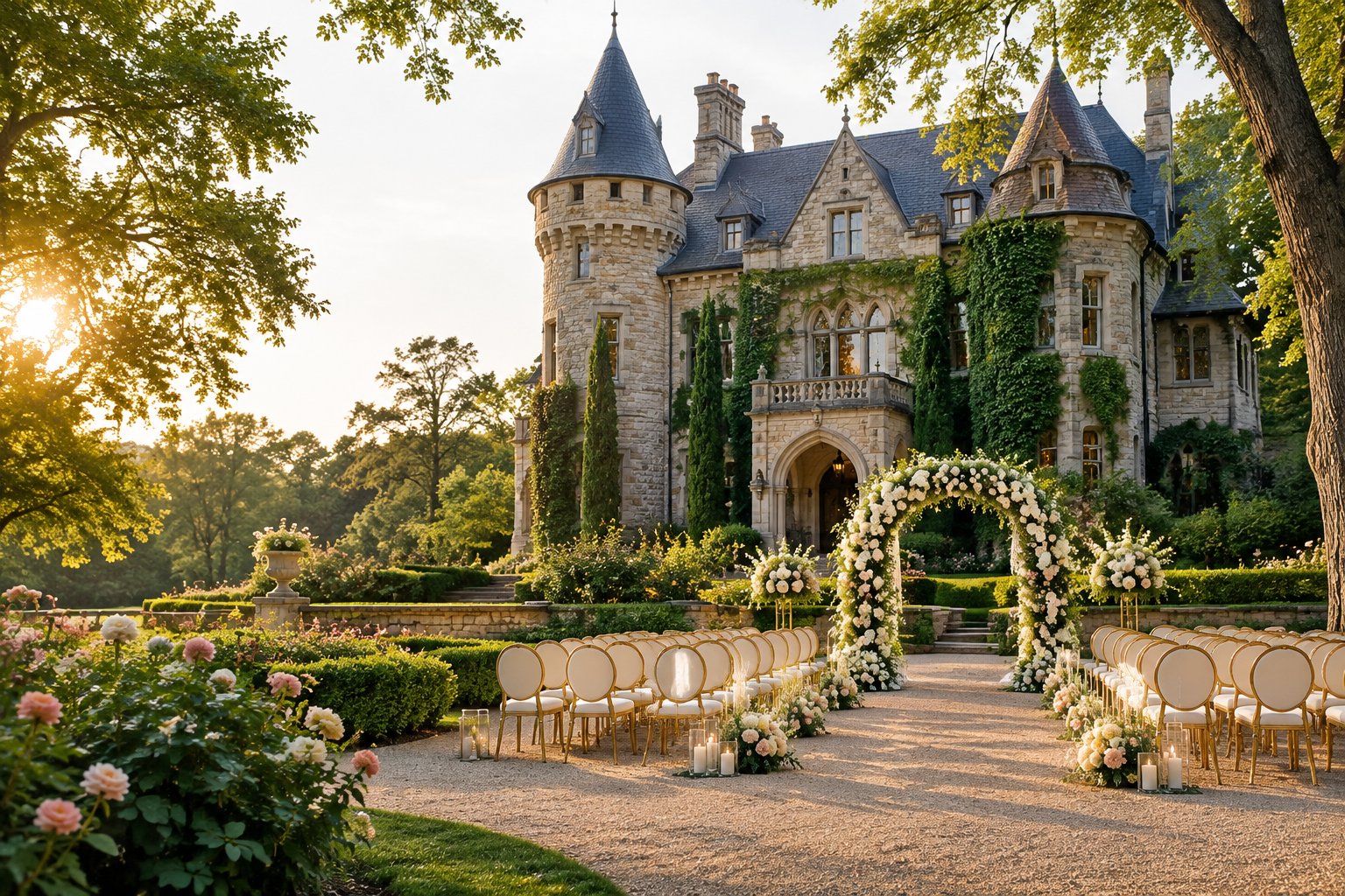 A grand historic castle-inspired estate with manicured gardens and an outdoor wedding ceremony setup.