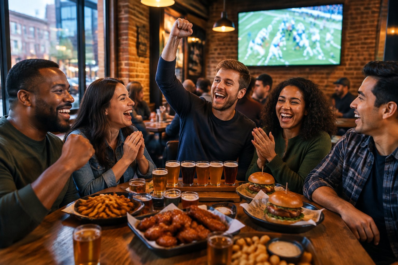 A group of friends enjoys craft beer, casual food, and a sports game at an affordable neighborhood bar.